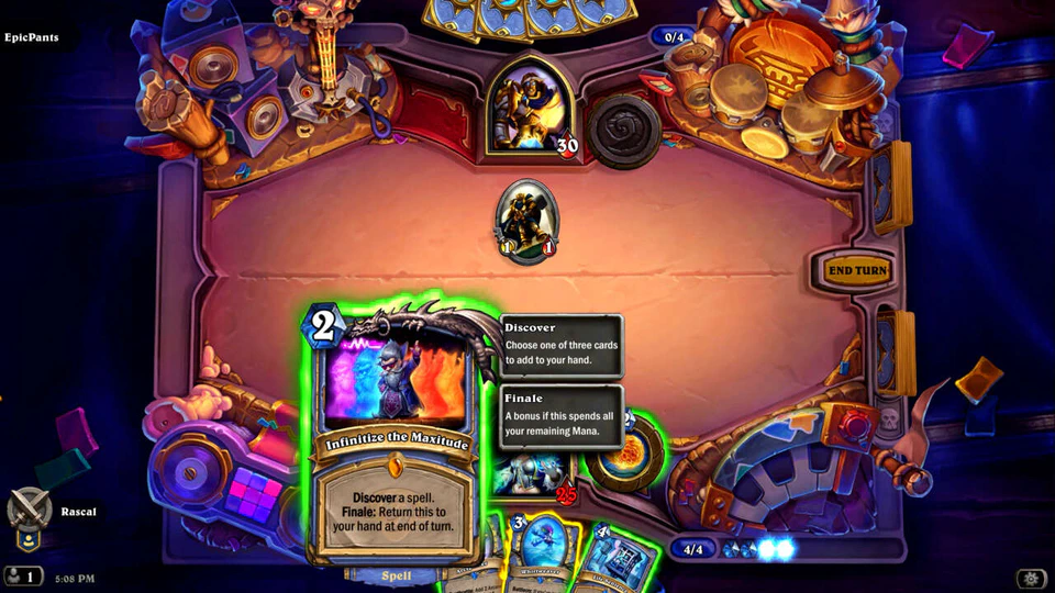 Hearthstone gameplay on the Festival of Legends board, with Infinitize the Maxitude selected.