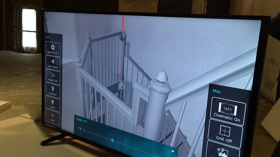 The mother! virtual camera application displaying a stairwell with lens, camera-height, and framing controls.