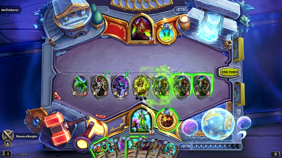 Hearthstone gameplay showing Eonar's Flourish and its green spell effect on the TITANS board.